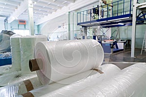 Rolls of polyethylene or polypropylene film in a warehouse