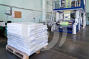 Rolls of polyethylene or polypropylene film in a warehouse