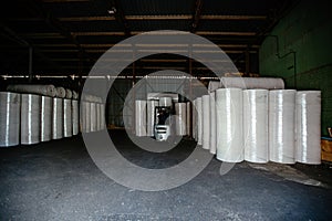 Rolls of recycled paper in the warehouse