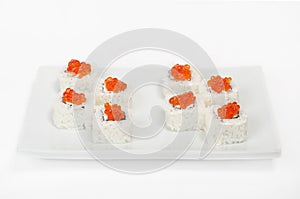 Rolls with red caviar. Sushi.