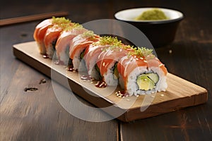 Rolls of red fish. A delicious seafood delicacy, replete with flavors. Ideal for gourmets.