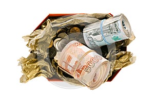 Rolls of russian rubles in gift box