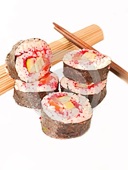 Rolls with shrimp, salmon, masago and chopstick