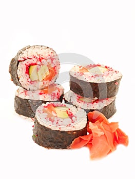Rolls with shrimp, salmon and masago isolated