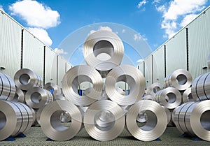 Rolls of steel sheet in warehouse