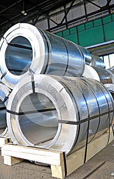 Rolls of steel sheet in a warehouse