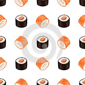 Rolls or sushi seamless pattern. Hand drawn, grainy texture. for patterns, cafes, menus.