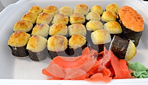 Rolls, sushi set in plastic packaging, close up