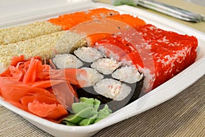 Rolls, sushi set in plastic packaging, close up.