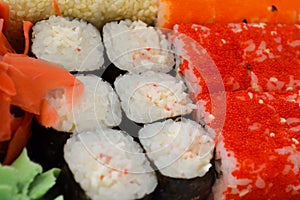 Rolls, sushi set in plastic packaging, close up