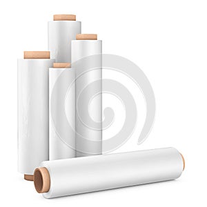 Rolls of White Wrapping Plastic Transparent Packaging Stretch Film. 3d Rendering
