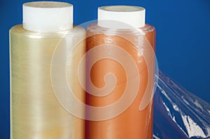 Rolls of wrapping plastic stretch film. Close-up with Shallow Depth of Field.