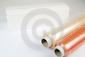 Rolls of wrapping plastic stretch film. Close-up with Shallow Depth of Field.