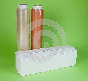 Rolls of wrapping plastic stretch film. Close-up with Shallow Depth of Field.