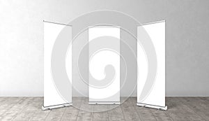 Vertical empty white roll up for print. Rollup banners stand. Blank template mockups. photo