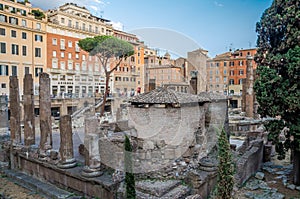 ROMA, ITALY - JULY 2017: Ancient ruins in Torre Argentina Square, the site of the death of Emperor Julius Caesar in Rome, Italy