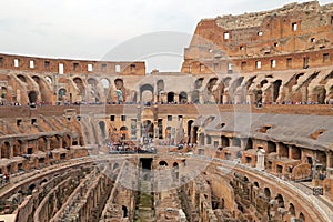 Colosseum, Coliseum or Coloseo, Flavian Amphitheatre largest ever built symbol of ancient Roma city in Roman Empire.