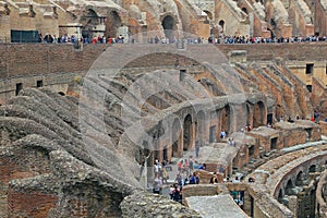 Colosseum, Coliseum or Coloseo, Flavian Amphitheatre largest ever built symbol of ancient Roma city in Roman Empire.