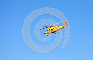 Roma, RM, Italy - July 2, 2023: helicopter rescue used as air ambulance during operation on the blue sky