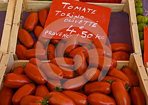 Roma tomatoes on sale in the Cours Saleya Market in the old town of Nice, France