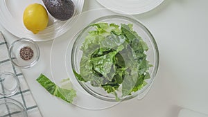 Romaine lettuce and celery salad recipe. Ingredients close-up on a white kitchen table, flat lay