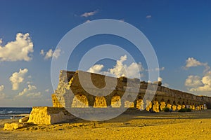 A Roman age aquaeductus in Caesarea northwest Israel in summer