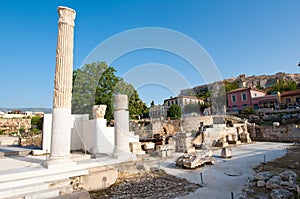 Roman Agora ruins an the Acropolis of Athens on the background in Athens.Greece.