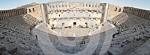 Roman amphitheater of Aspendos ancient city near Antalya, Southern Turkey. Wide panorama view