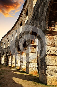 The Roman Amphitheater in Pula at sunset,Croatia.