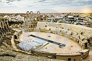 Roman amphitheatre in the city of El JEM in Tunisia at sunset