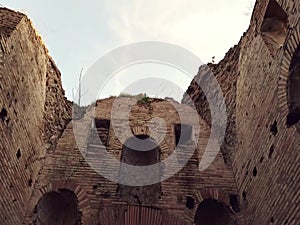 Roman ancient ruins camera pan up