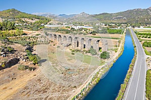 Roman aqueduct at Aspendos. Kepru river. Ruin. Turkey. Aerial photography. View from above