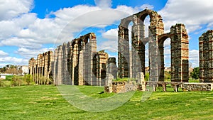 Roman aqueduct with high arches in the monumental city of MÃÂ©rida photo