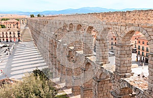 Roman aqueduct on plaza del Azoguejo in Spain