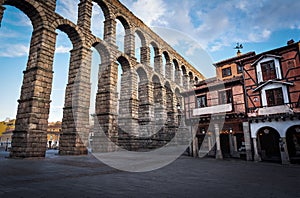 Roman Aqueduct of Segovia and Plaza del Azoguejo square - Segovia, Castile and Leon, Spain photo