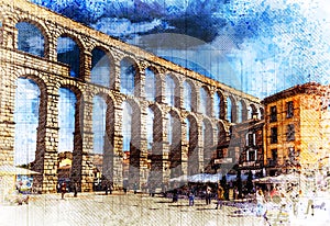 Roman Aqueducts - symbol of Segovia. Watercolor sketch style.