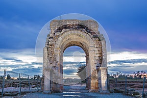 Roman Arch of Caparra at dusk, Caceres, Spain