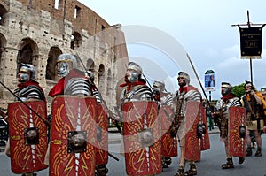 Roman army near colosseum at ancient romans historical parade