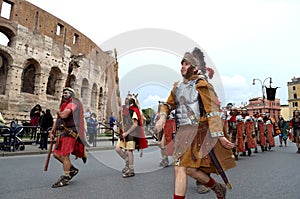 Roman army near colosseum at ancient romans historical parade