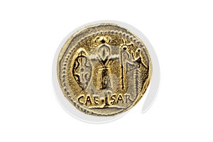 Roman Aureus Gold Coin replica of Julius Caesar with a Trophy of Gallic Arms