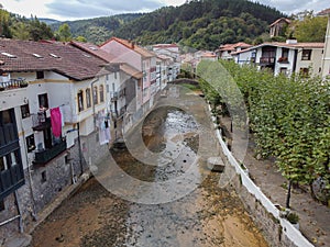 Roman bridge in the estuary of a fishing village in the Basque country called Ea, taken with a drone