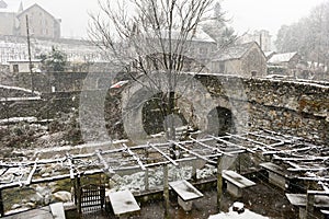 Roman bridge at Giornico onder snow on Leventina valley
