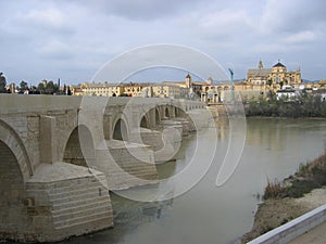 Roman Bridge and Guadalquivir river, Great Mosque, Cordoba, Spain. Ancient, landmark.