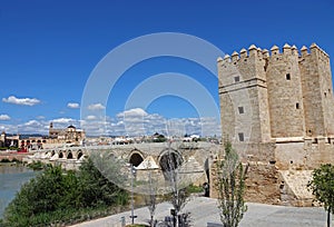 Roman bridge and the Mezquita Cathedral de Cordoba in Spain