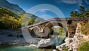 Roman bridge over a mountain stream, AI generated
