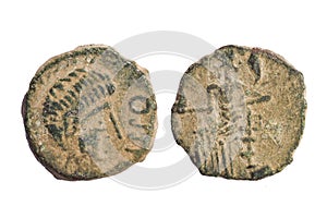 Roman bronze coin. Front and back on white background.