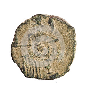 Roman bronze coin. Seated figure on reverse.