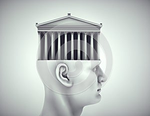 Roman building on head. High level education and knowledge concept