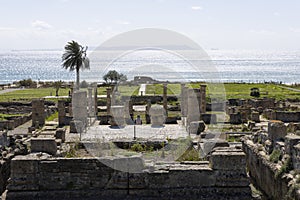 Roman castrum archeological ruins at Baelo Claudia with stone columns and antique buildings photo