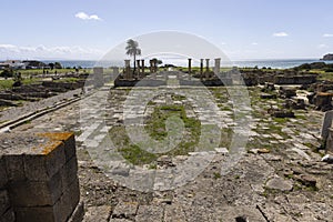 Roman castrum archeological ruins at Baelo Claudia with stone columns and antique buildings photo